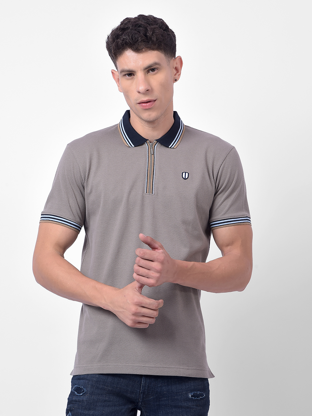 Numero Uno Men Grey Polo T-Shirt With Zip Neck